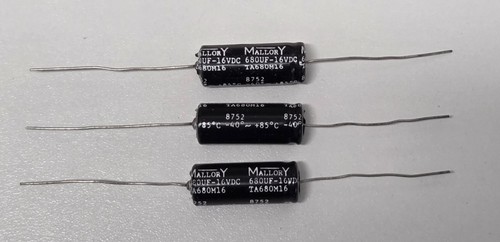 5 pcs  Mallory - 680uF  16V  Capacitor -Axial Aluminum Electrolytic NEW TA680M16 - Picture 1 of 3