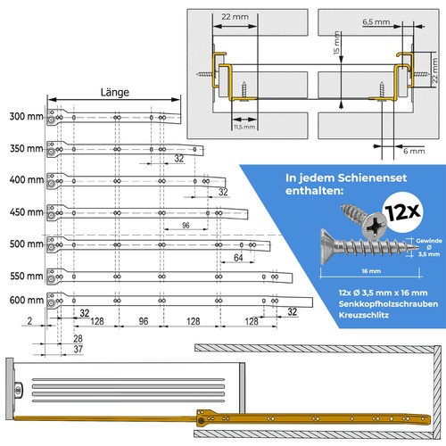 Schubladenschienen Teilauszug Stahl Rollenführung 40kg Rollenschiene 1 Paar Weiß - Bild 7 von 8