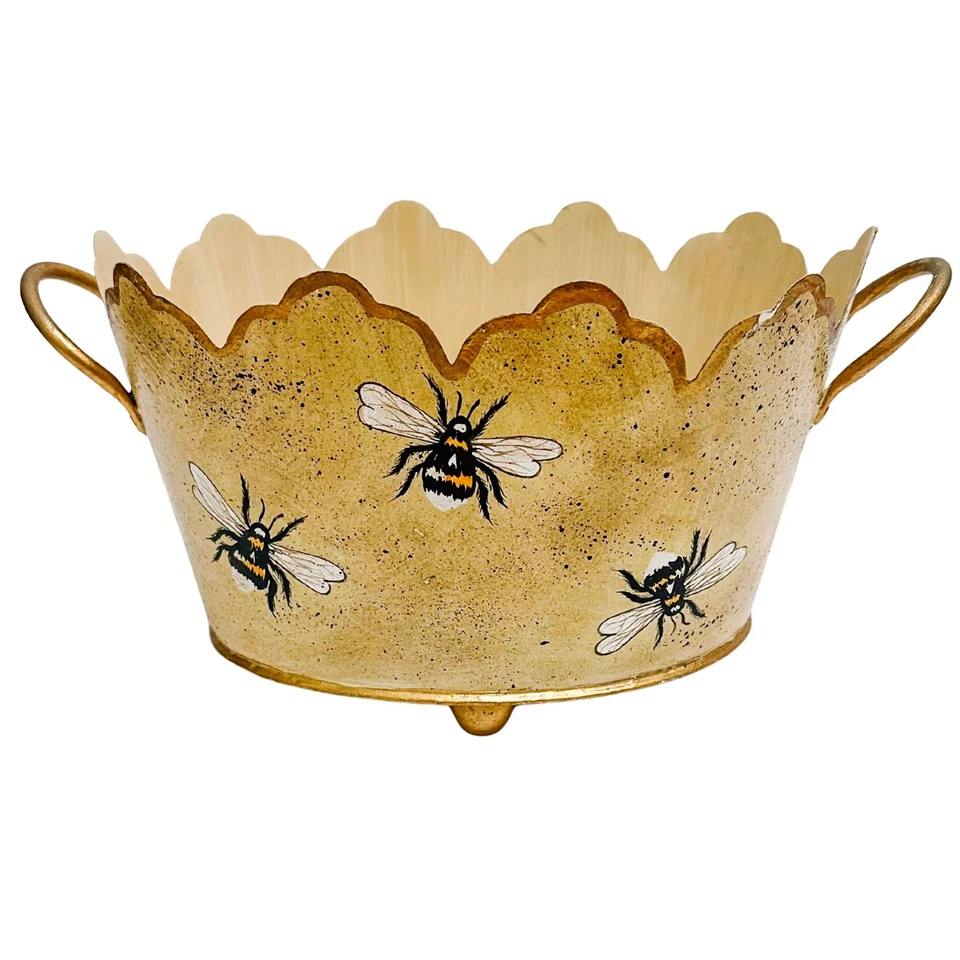 Vintage Gold French Country Tole Cachepot With Bees 12.5"L Jardiniere Planter - Image 3 of 4