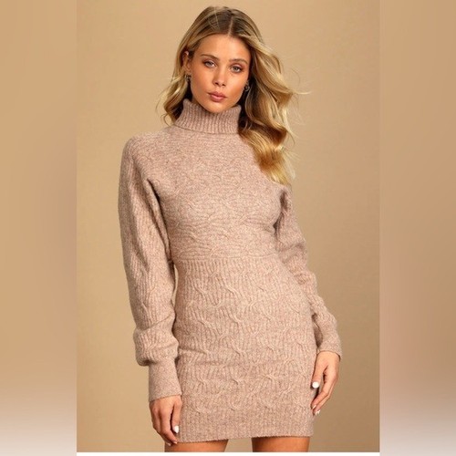 Lulu's Fall Festivities Taupe Cable Knit Turtleneck Sweater Dress Size L