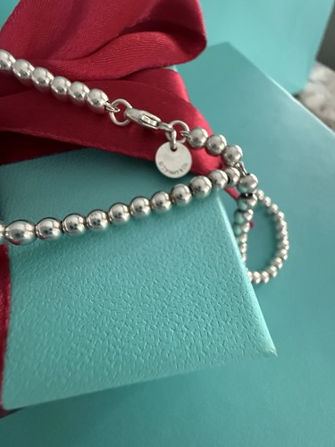 Tiffany Co. Silber 925 Blau Emaille Mini Herz Anhänger Charm 4mm Perle Kugel Halskette - Bild 3 von 11