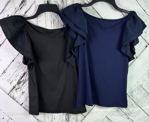 SHEIN Damen XL Cap Rüschen Puffärmel dehnbar gerippt Top Shirt schwarz blau NEU