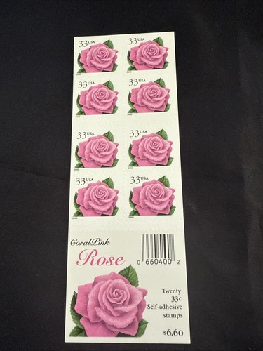 # 3052E - 2000 33c Coral Pink Rose - komplettes 20 Markenheftchen ungefaltet M/NH