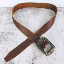 Vintage Lucky Brand Y2K Leather Belt Brown Large Buckle Engraved Distressed