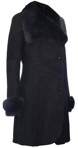 Damen Schwarz Wildleder Lammfell Mantel Merino Lammfell Toscana Kragen Winterjacke - Bild 3 von 4