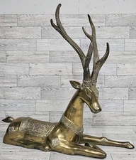 Vtg Hollywood Regency Brass Deer Sculpture Statue 21" Stag Resting Xmas Mantel 