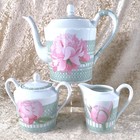 Vintage Hermes Le Pivoines Teapot Creamer Sugar Pot Set of 3 Porcelain Tableware