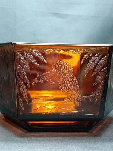 Large Art Deco Sherdley Amber Glass Hexagonal Bowl Kingfisher Pattern - Picture 6 of 17