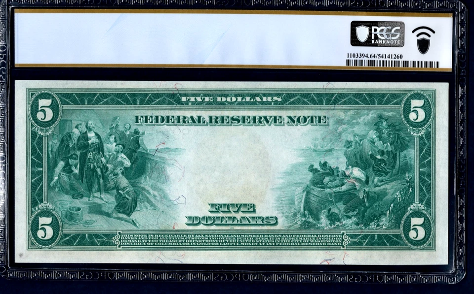 1914💲5 💵 FEDERAL RESERVE NOTE 💵 NEW YORK PCGS 64 PPQ - Image 2 of 4