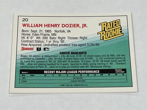1992 Donruss Baseball #20 - D.J. Dozier RC - New York Mets - Picture 2 of 2