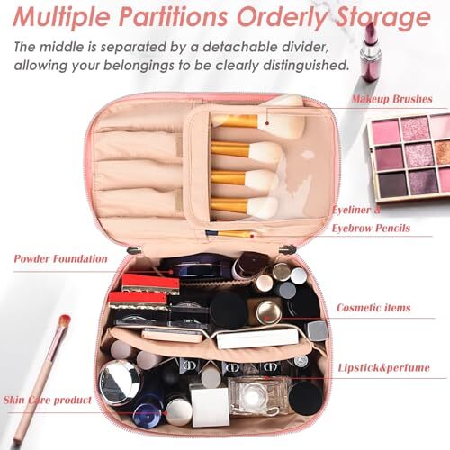 Makeup Bag, Travel Makeup Organizer Bag PU Leather Toiletry Bag With B-Pink - Picture 2 of 6