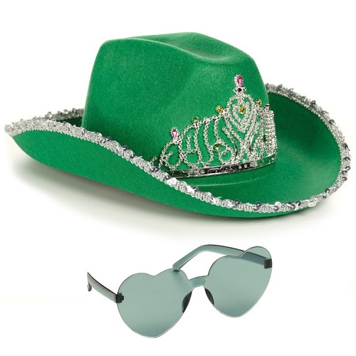 Funcredible grüner Cowgirl Hut mit Herz Brille - grüner Cowboyhut Diadem - Bild 1 von 7