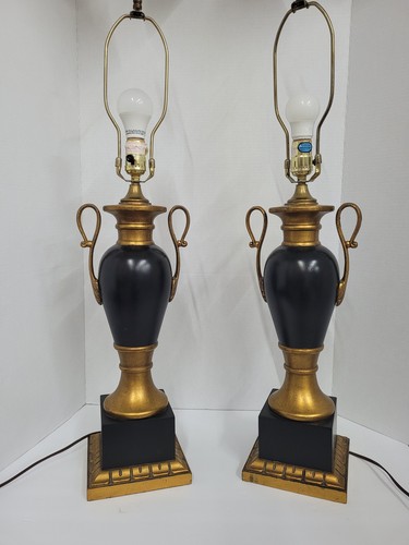 Par de lámparas de mesa vintage Frederick Cooper neoclásicas negras y doradas doradas - Imagen 3 de 10