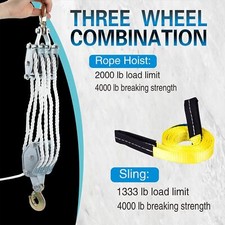 65 Feet Rope Hoist Pulley 2 Ton Wheel Block and Tackle System 7:1 Ratio 4000LB