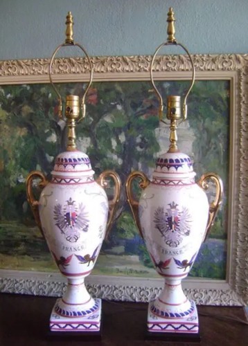 PORCELAIN FRANCE CREST LAMPS FRANCE URN TROPHY SHIELD NEOCLASSICAL BUTTERFLY - Picture 15 of 15