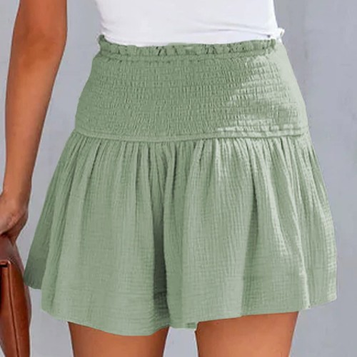 Womens Shorts Cotton High Elastic Waisted Pleated Ruffle Cute Casual Shorts - Picture 13 of 23