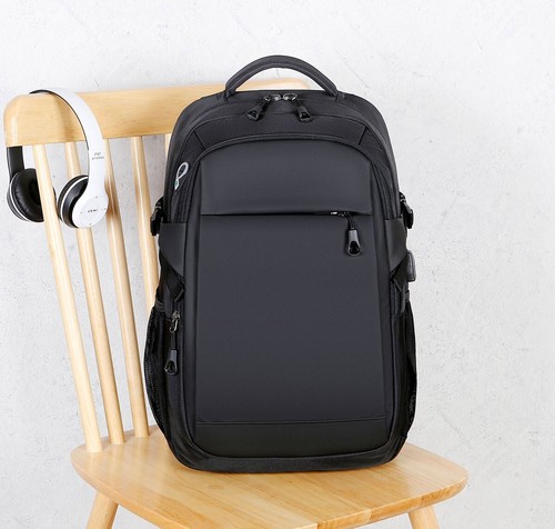 Black Laptop Nylon Backpack Sports Travel Fashion BookBag With USB Charging Port - Picture 12 of 13