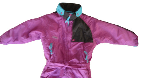VTG Columbia Youth S Snow Skisuit Bibs 90s Neon Purple Turq Colorblock Gaper Day - Picture 4 of 6