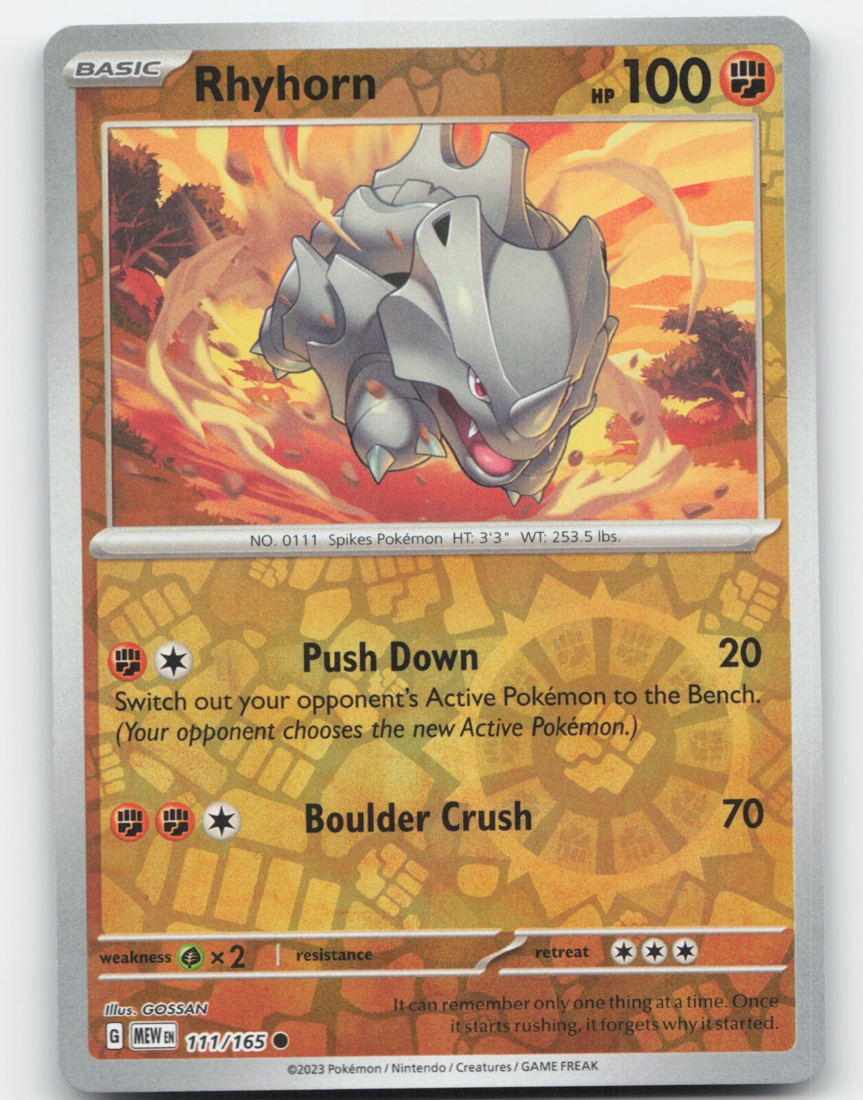 RHYHORN 111/165 REVERSE HOLO POKEMON 2023 SCARLET & VIOLET 151 NM