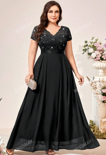 Plus Size Deep V Neck Sequin Floral Lace Short Sleeve Maxi Formal Party Dress - Picture 6 of 10