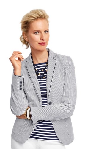 TALBOTS Aberdeen Blazer Sz 22W Piped White Navy Stripes Nautical Jacket Preppy - Picture 23 of 23