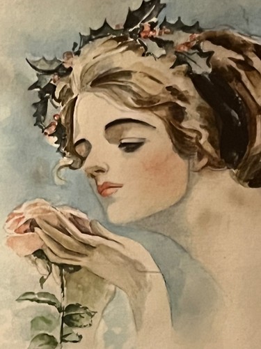 c.1900 Watercolor portrait Woman with Roses art nouveau signed M Hunter-Hill - Picture 4 of 4