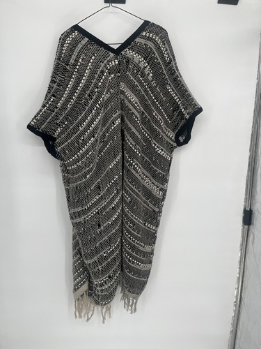 Tonle Hand Woven Long Vest Fringe Kimono No Size Black/White - Picture 5 of 5