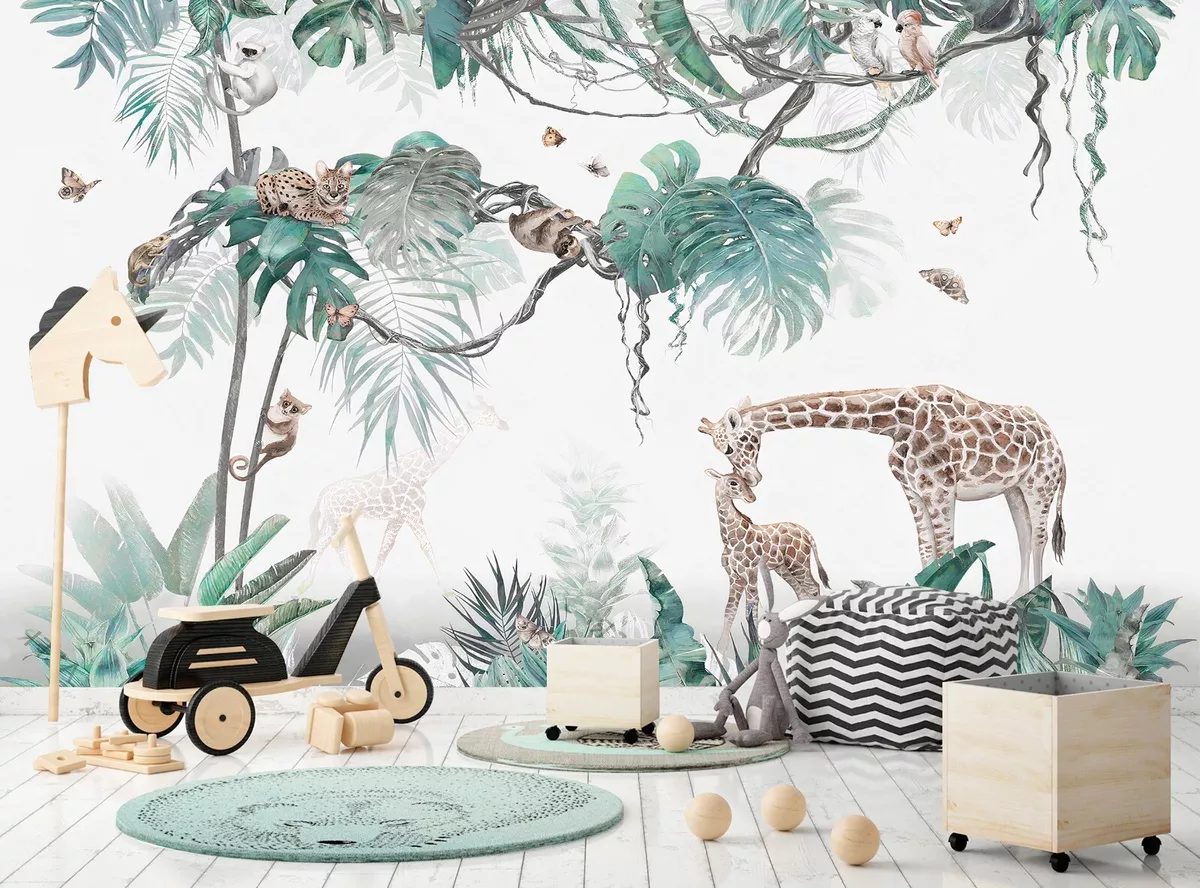 Jungle Wallpaper Watercolor Safari Animals Wall Mural Nursery Kids Room  Playroom