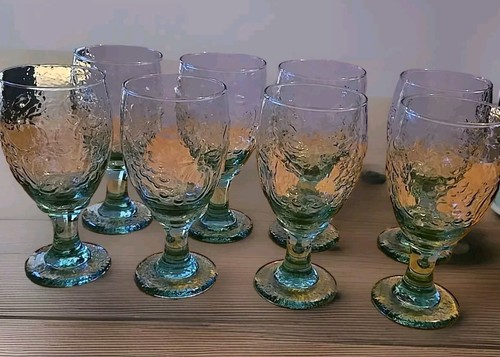 8 Vtg Greenish Goblet Glass With Etched FRUIT Design