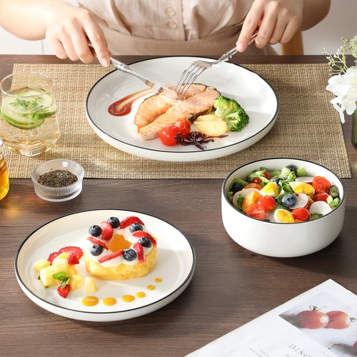 MALACASA 18-Piece Bowl & Plate Set Porcelain Dinnerware Set Black Trim Tableware - Picture 6 of 21