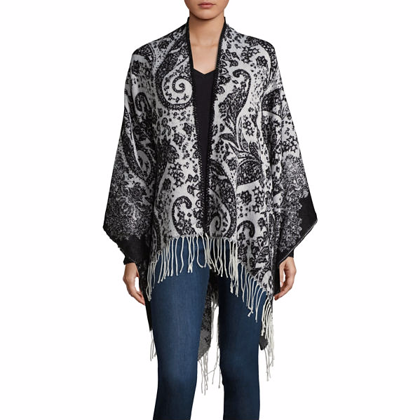 Mixit Ladies Black & White Paisley Reversible 100% Acrylic Wrap / Ruana ...