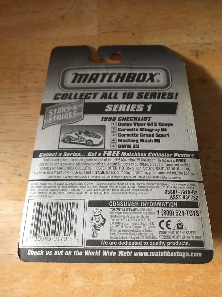 1997 Matchbox Dodge Viper GTS Coupe estrelas e listras MOC cor branca 1:64 clássico - Imagem 2 de 2