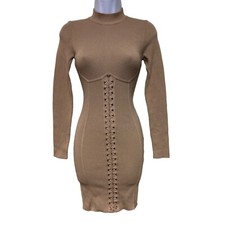 HERA Collection Tan Knit Lace Front Sweater Dress Long Sleeve Body Con Small