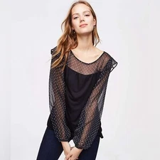 LOFT Black Sheer Ruffle Dot Mixed Media Top Long Sleeve, Size XS