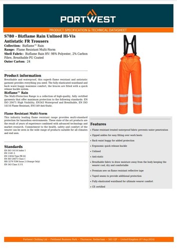 Portwest Hi-Vis Antistatic Flame Resistant Bib & Brace Waterproof Trousers S780 - Bild 3 von 14