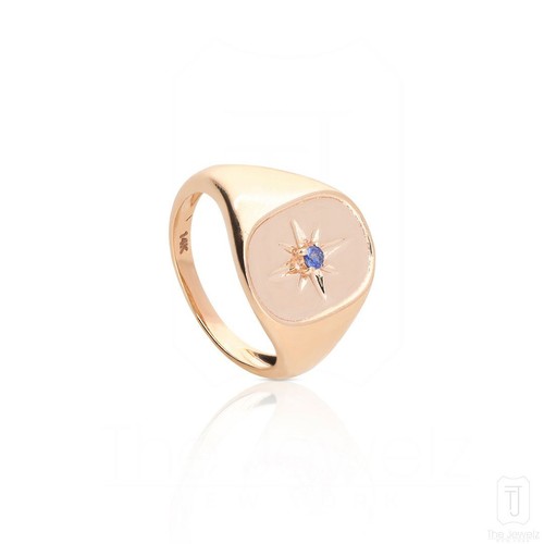 14K ROSE GOLD BLUE SAPPHIRE STONE ENGRAVED STARBURST SIGNET DESIGN RING - 7US - Picture 5 of 5