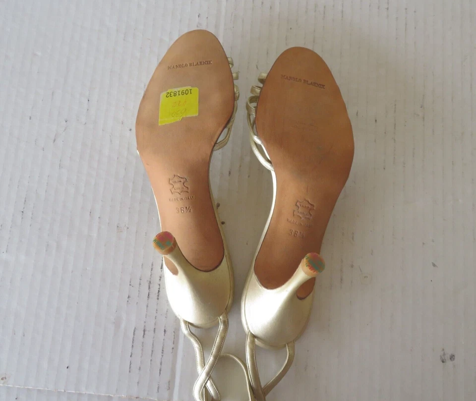 Manolo Blahnik золото кожаные ремни насосы каблуки Stiletto Mules сандалии обувь 38,5 - Изображение 3 из 4