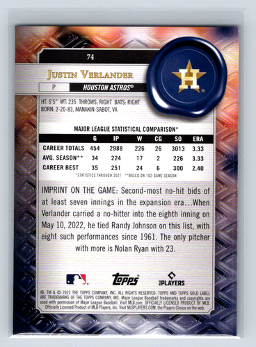 2022 Topps Gold Label #74 Justin Verlander - Clase 1 - Astros de Houston - Imagen 2 de 2