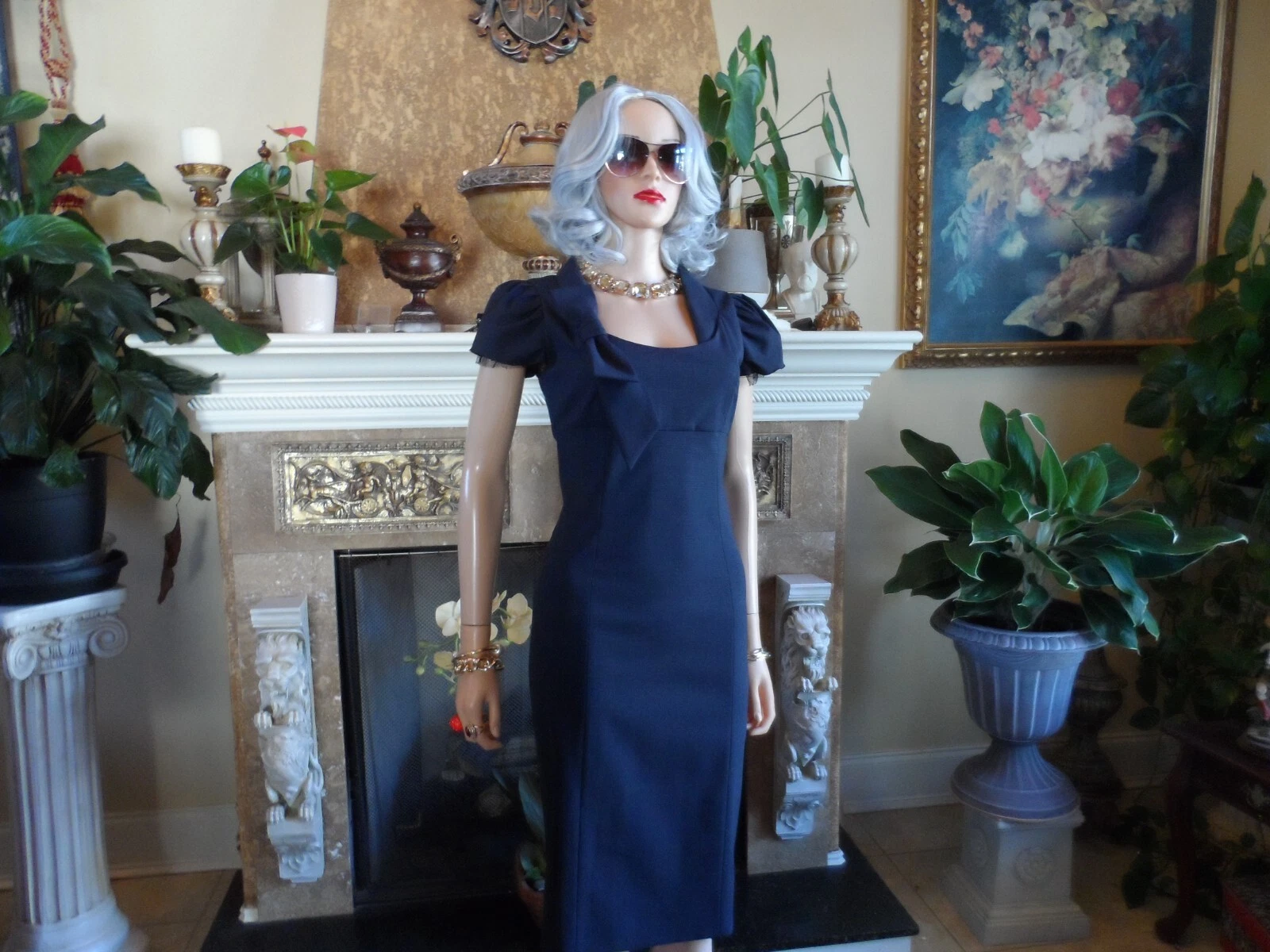 Abito tubino rosso Valentino blu navy lana vergine con dettaglio fiocco taglia US 4