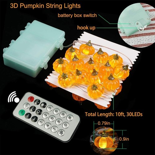 Halloween Pumpkin String Lights 10ft 30 LED Orange 3D Jack O Lantern Party Décor - Picture 4 of 7
