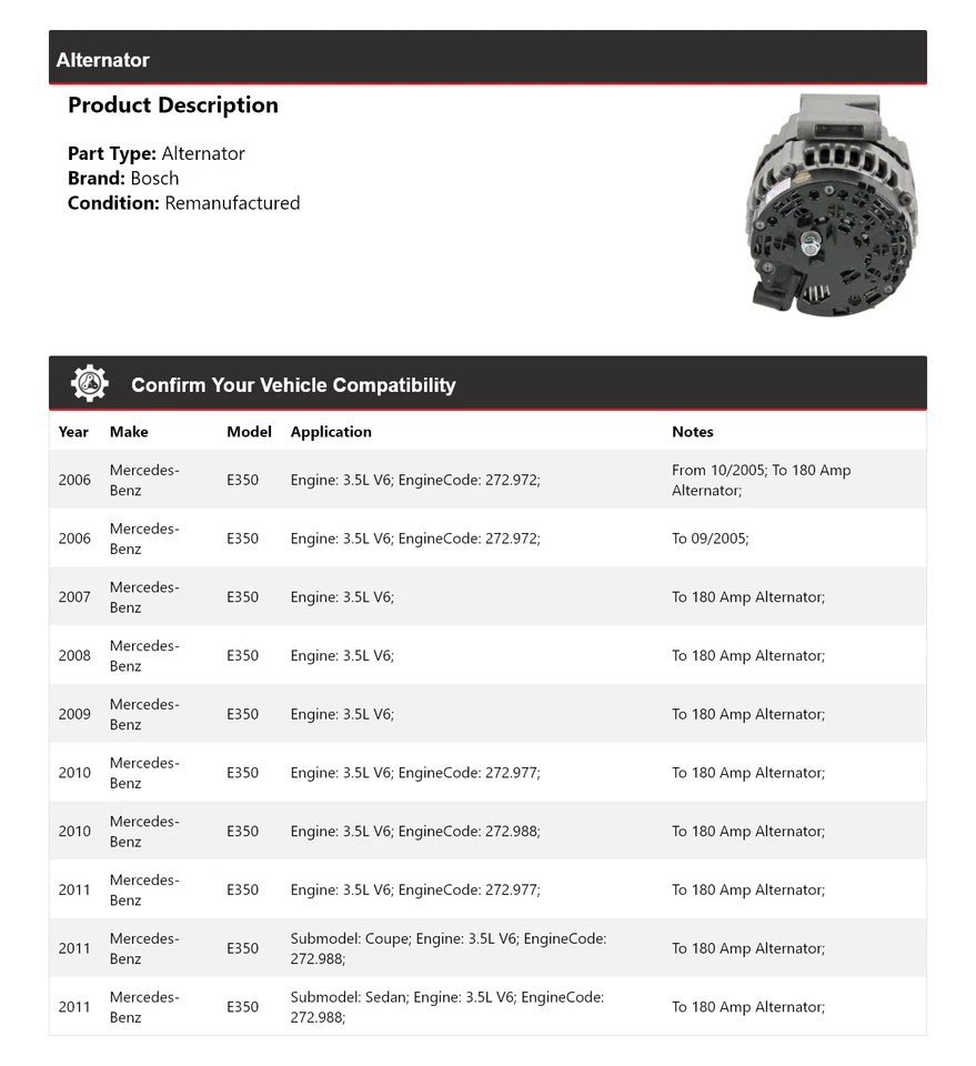 Alternador Bosch para Mercedes E350 2006-2011 3,5 L V6 (remanufacturado) 2007 2008 Foto 2 de 4
