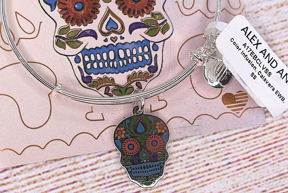 NEW NWT Alex and Ani Color Infusion Calavera Sugar Skull Silver Bracelet W Card