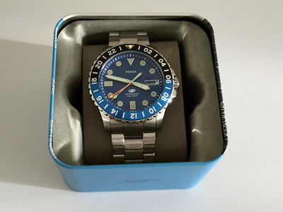 Fossil FS5991 Mens New Blue GMT Stainless Steel Silver Watch