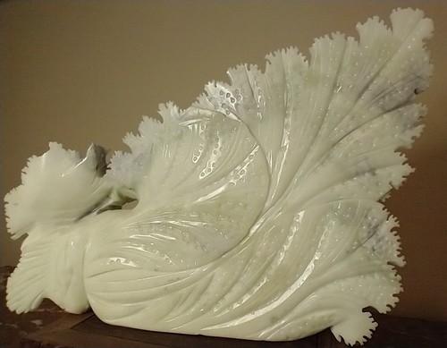 LARGE 11" Antique Chinese Hand Carved Nephrite Jade Green Lavender Cabbage Stand - Picture 16 of 24