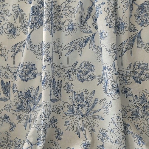 Off white Cotton Fabric Blue Flowers Embroidered Fabric for Curtains, Tablecloth - Picture 2 of 4