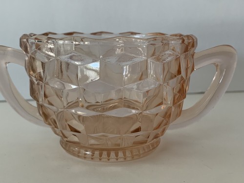 Vintage Jeanette Depression Glass Cube Pattern Open Sugar Bowl Pink 1929-1933 - Picture 5 of 6