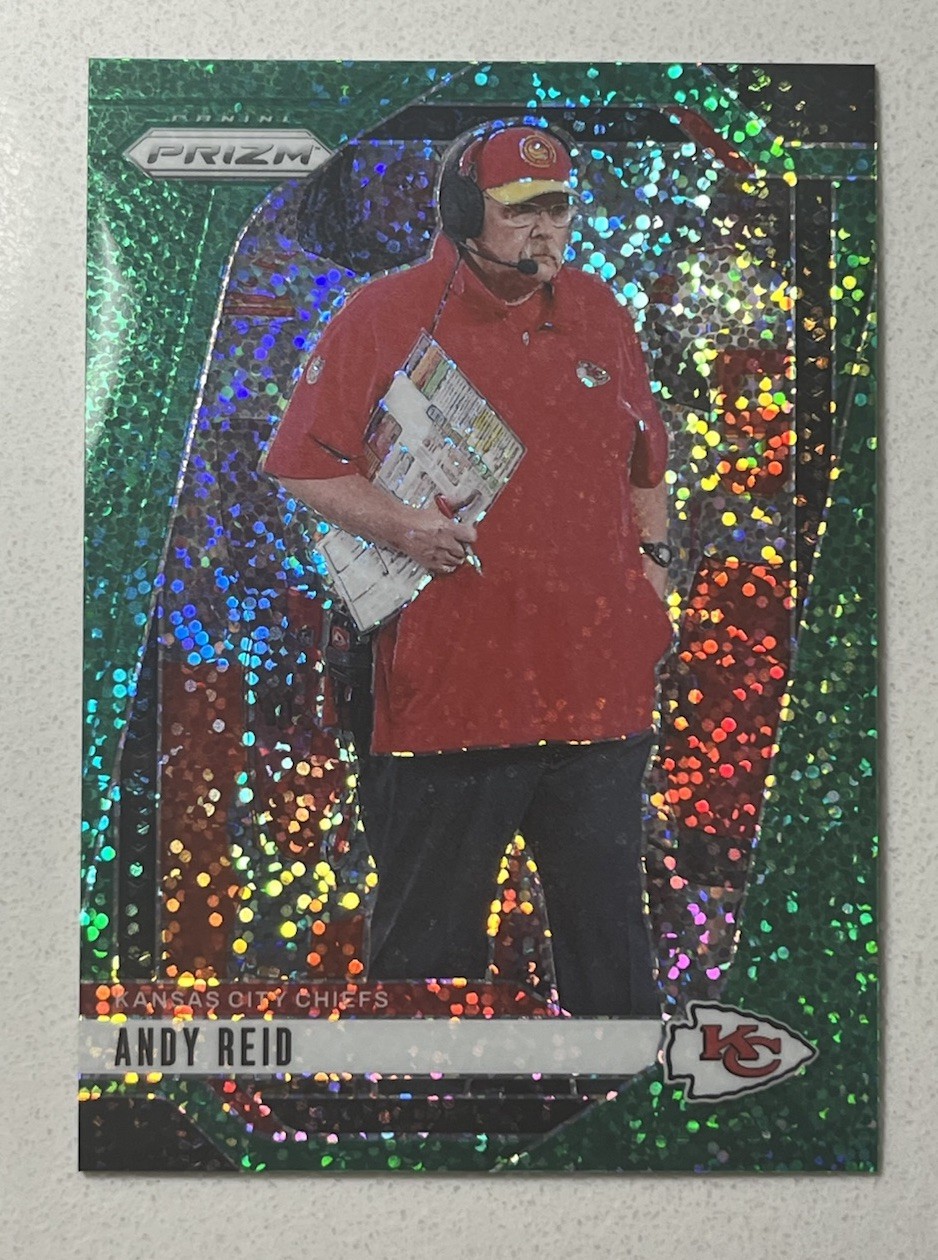 2024 Panini Prizm Andy Reid #145 Green Sparkle #’d 8/8 Kansas City Chiefs