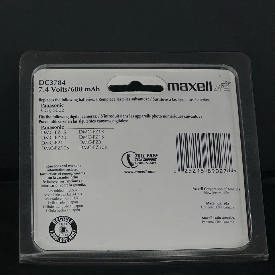 MAXELL DC3784 锂离子可再造电池 适用于 PANASONIC CGR-s002 — 第 2/2 张图片