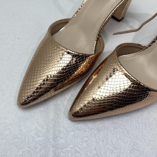 Damenschuhe kupferfarben goldfarben spitz zulaufend Knöchelriemen klobig hochhackig elegant - Bild 2 von 15