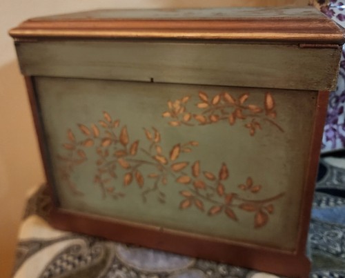 Veredelte Schmuckschatulle Truhe handbemalt Salbei Gold Bronze Vögel Zweig 14x12x8" - Bild 7 von 9